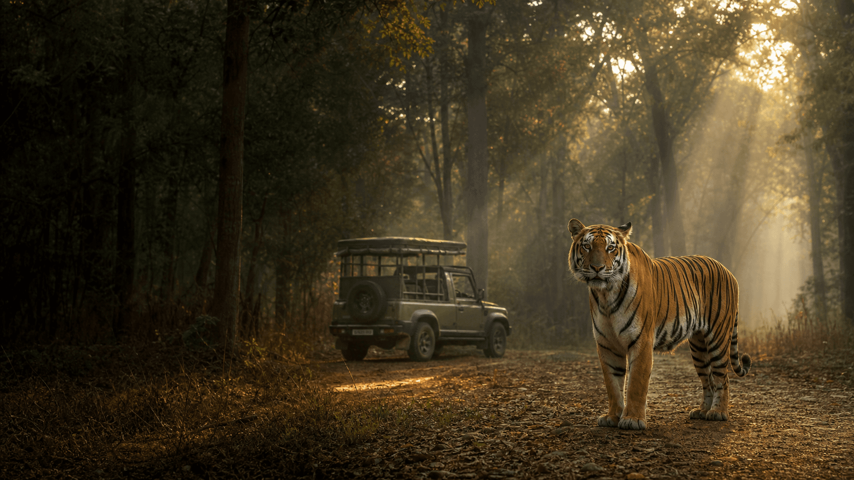 Bengal tiger beside a compact safari vehicle in an Indian forest